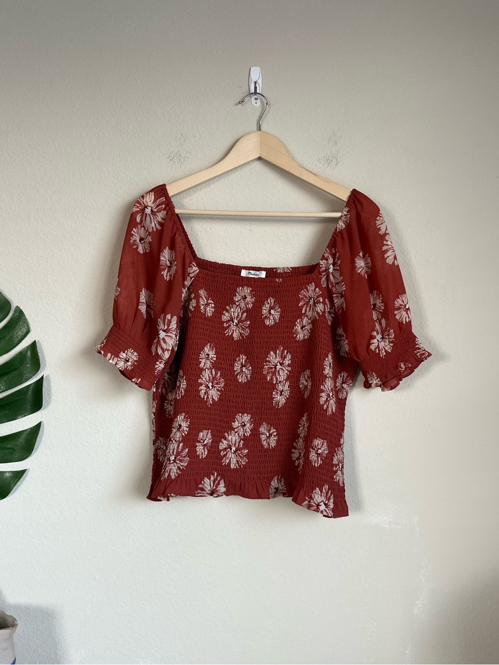 Madewell Rust Red Floral Smocked Square-Neck Top